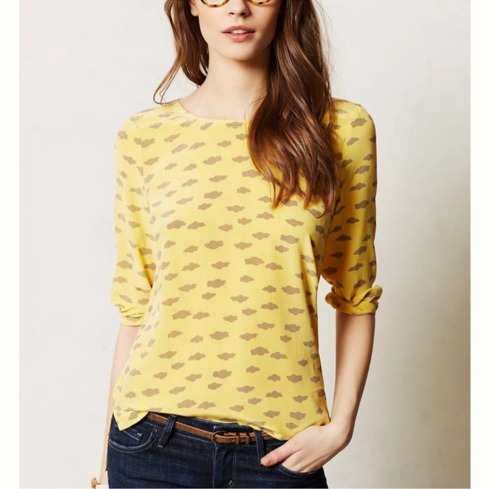 ANTHROPOLOGIE / MAEVE Yellow Cloud Print Silk Top - Sz S